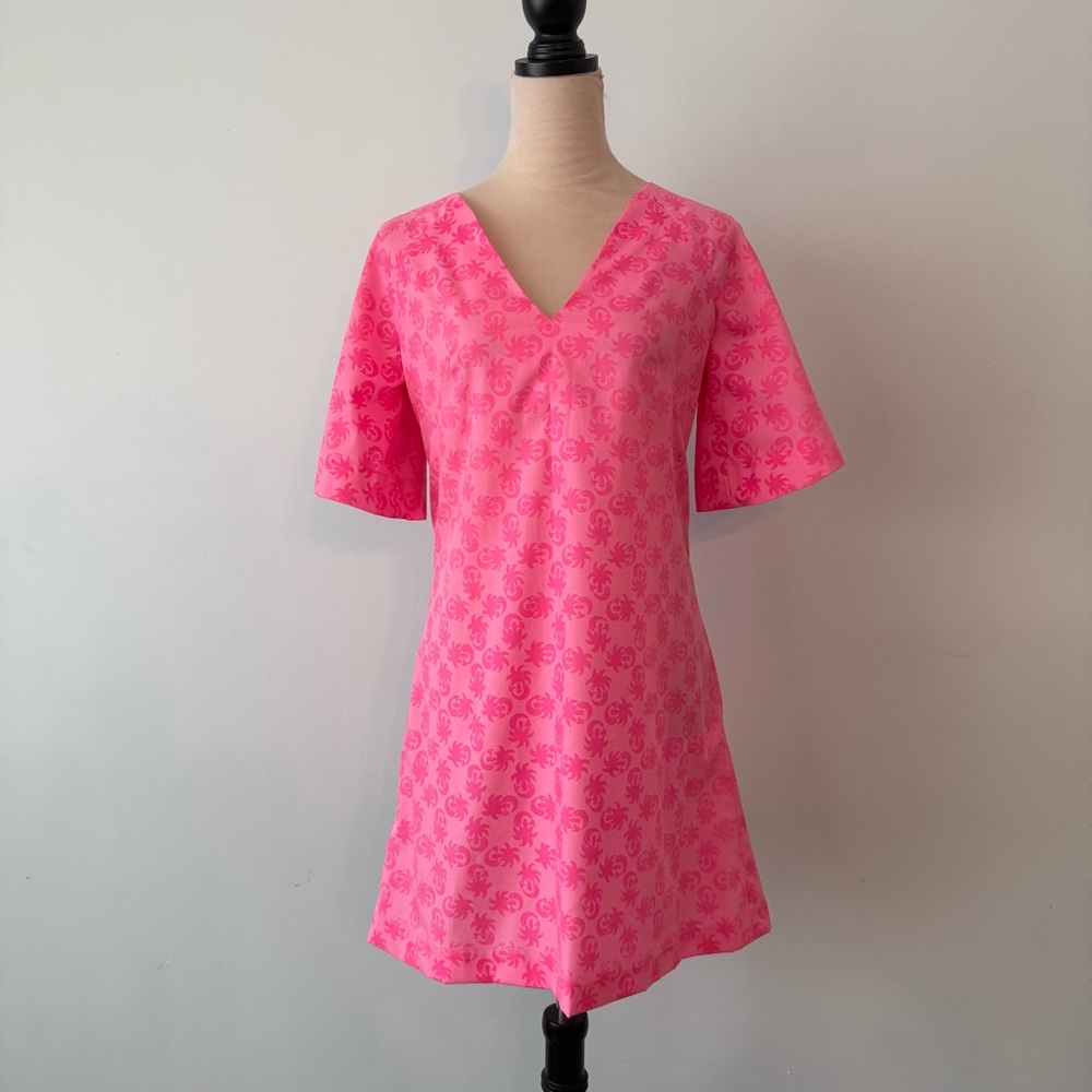 🌸 Vintage Little Dix Bay Virgin Gorda Pink Palm Print Dress SZ S Tropical Shift
